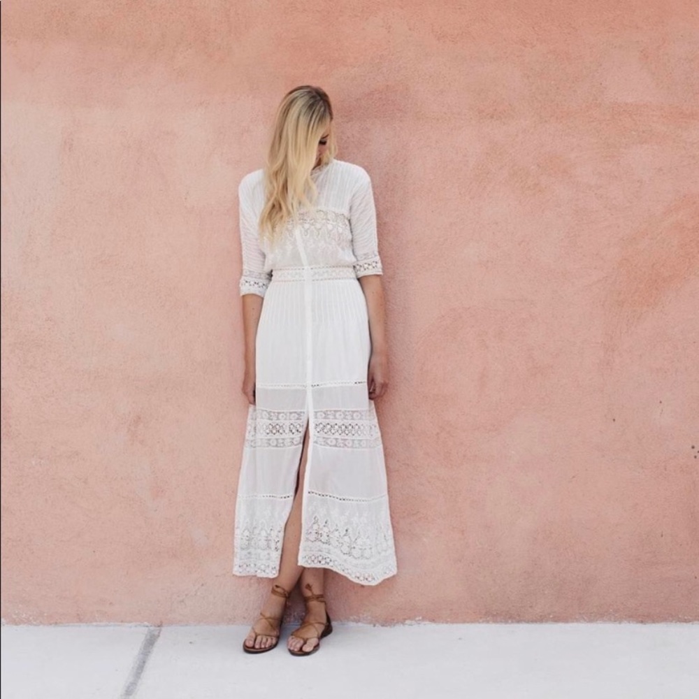 LoveShackFancy White Tie Front Sundress with Cuffed Sleeves